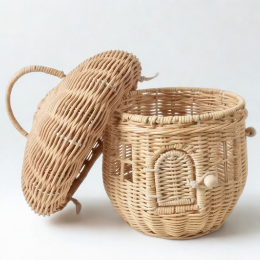 Mushroom House Basket -  A Cozy Home for Felted Friends - beige cap