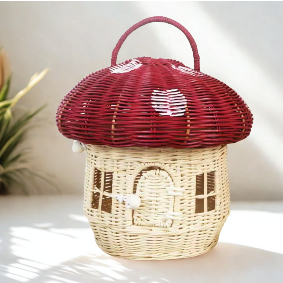 Mushroom House Basket - A Cozy Home for Felted Friends - red cap