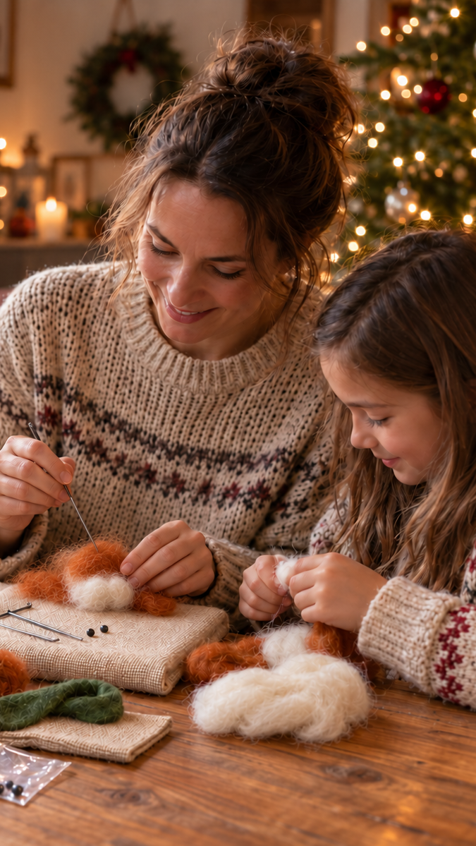 A woman and a child sitting at a wooden table crafting with orange and white wool pieces in a cozy, warmly lit Christmas living room.