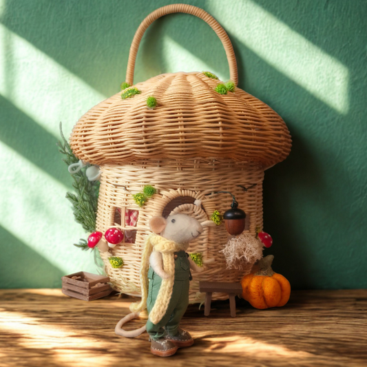 Mushroom House Basket -  A Cozy Home for Felted Friends - beige cap
