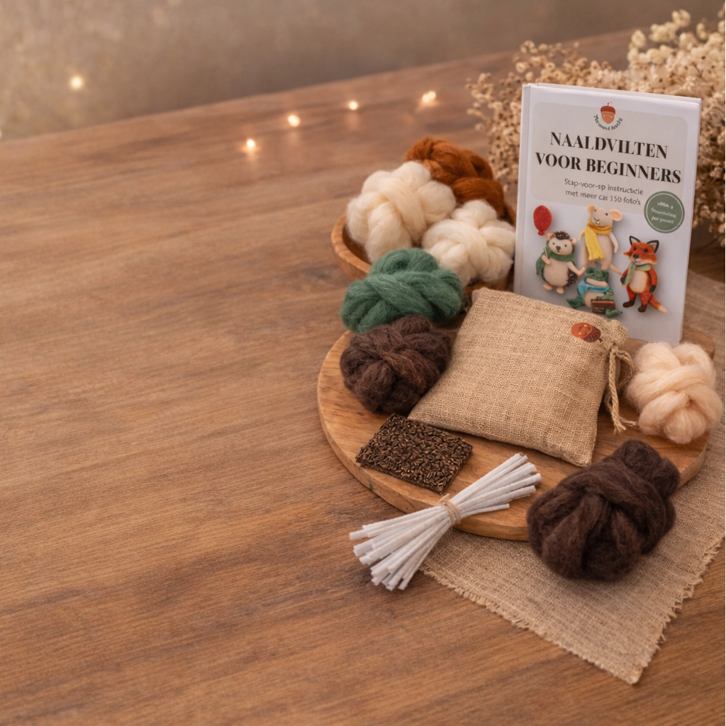 Wooden table with craft materials and a book titled ' against a blurred decorative background.