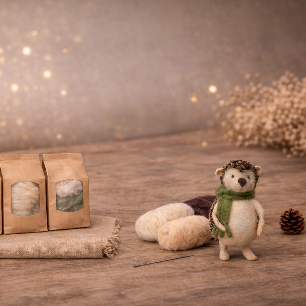 Three tea bags in brown packaging on a wooden surface with decorative elements.