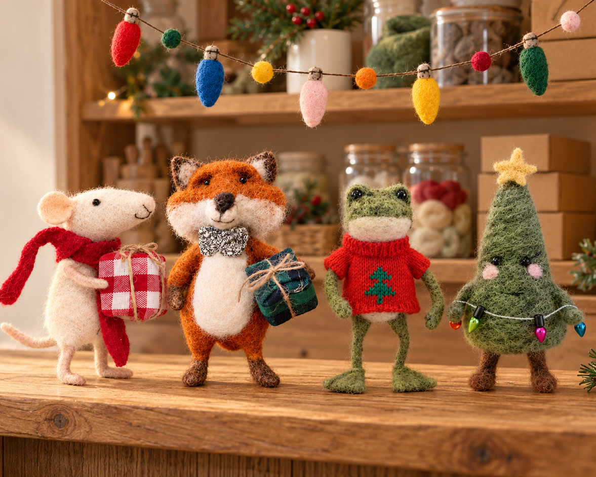 Four handmade felt holiday figurines standing on a wooden shelf in a cozy, decorated Christmas room setting. The set includes a white mouse in a red scarf holding a gift, an orange fox in a gray bow tie holding a gift, a green frog in a red sweater, and a green Christmas tree with a yellow star.